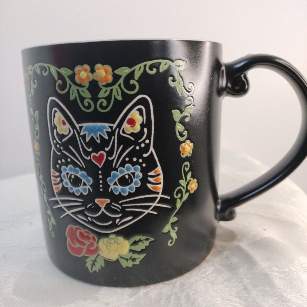 Elie&Anna Holoween Cat W/flowers Coffee Mug 4"1/2x4" New Dish,Micro Safe